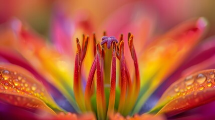 Fototapeta premium A tight shot of a vibrant flower, adorned with water droplets on its petals, and the flower's center gleaming wetly