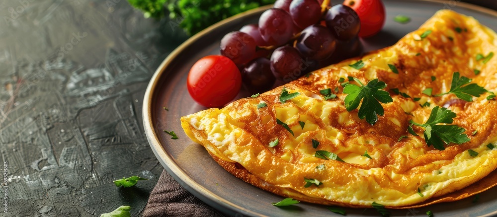 Aufkleber Delicious breakfast featuring an omelet garnished with tomato and grape on a plate with a generous amount of copy space for an image