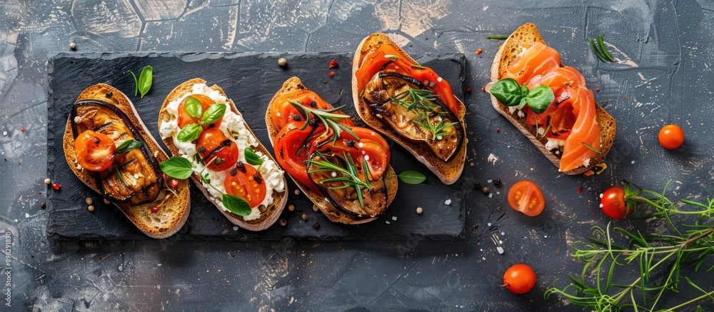 Aufkleber a display of healthy open sandwiches featuring salted salmon sun dried tomato grilled aubergine bulg