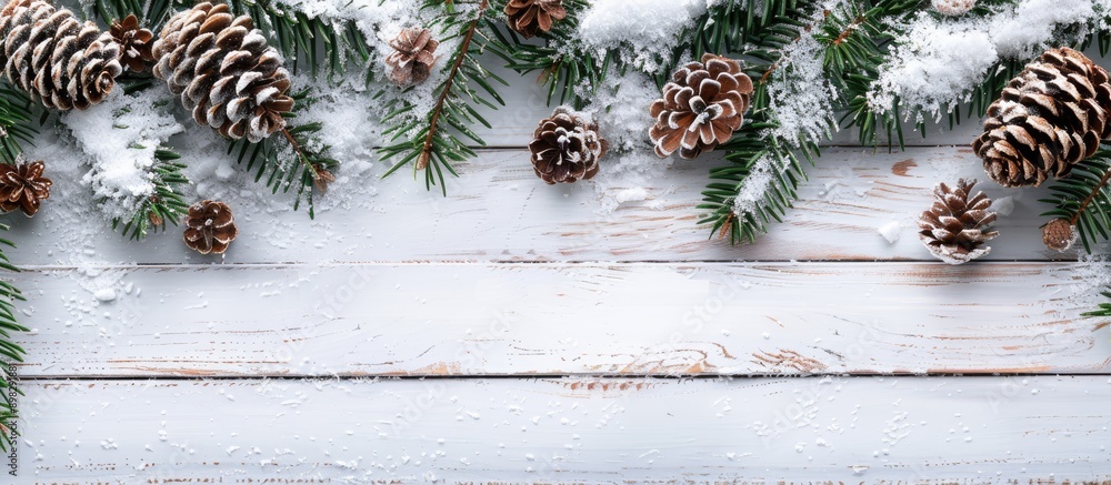 Poster christmas themed background featuring snow fir branches cones against a white wooden backdrop with c