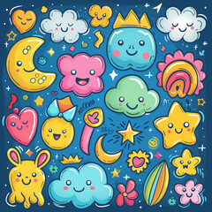 Obraz premium A collection of cartoon faces and clouds on a blue background