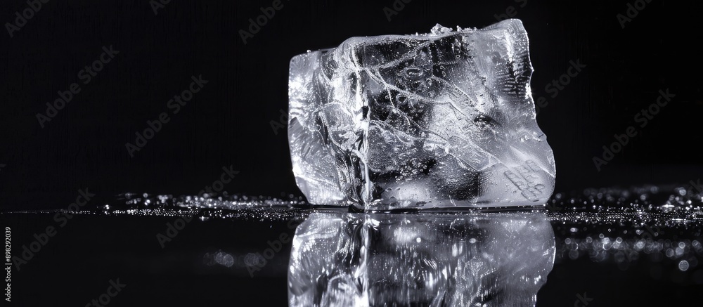 Poster clear ice piece on reflective black surface with copy space image