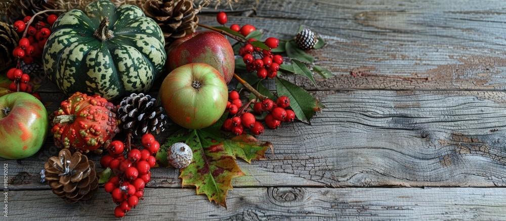 Poster An autumn themed table decoration featuring snowberries rowan berries a green pumpkin apples and cones arranged on a rustic wooden surface with space for additional images