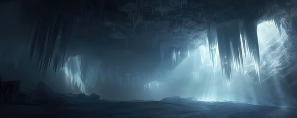 Mysterious icy cave with a beam of light shining through the entrance.