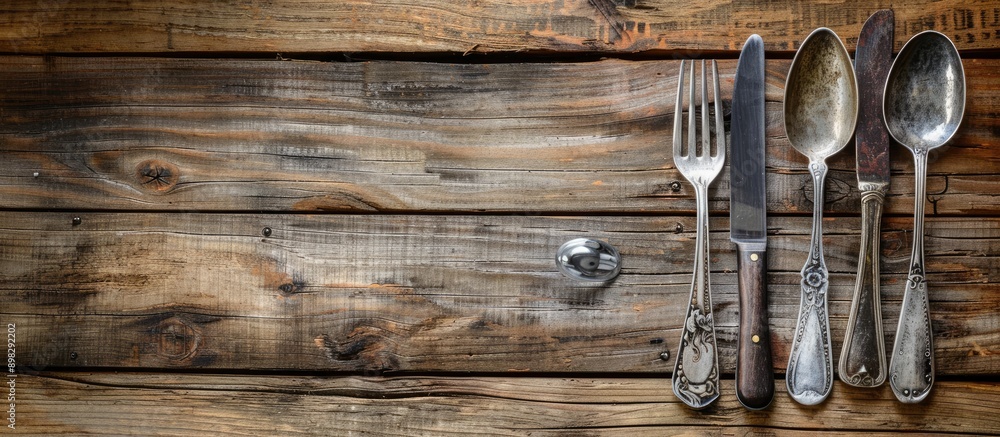 Aufkleber Cutlery items arranged on a rustic wooden table with a visible empty area suitable for adding a desired image. Creative banner. Copyspace image