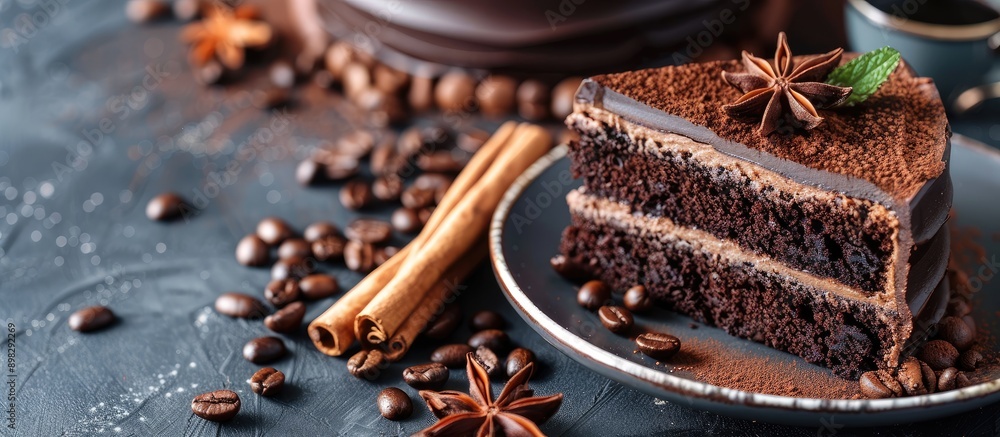 Aufkleber delicious chocolate cake paired with aromatic black coffee topped with coffee beans cinnamon and ani
