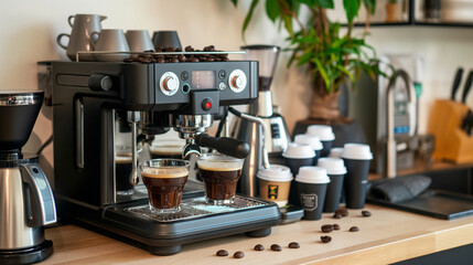 A high-end espresso machine on a kitchen counter, with various coffee pods and cups arranged neatly beside it