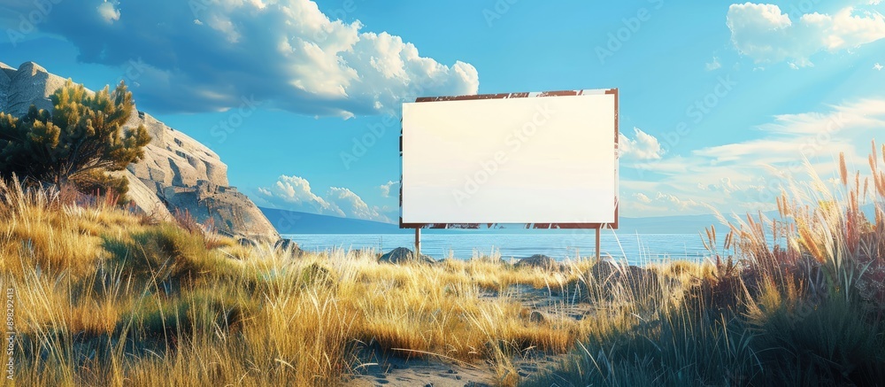 Aufkleber billboard mockup with a white screen set against a scenic natural background with blue sky ideal for