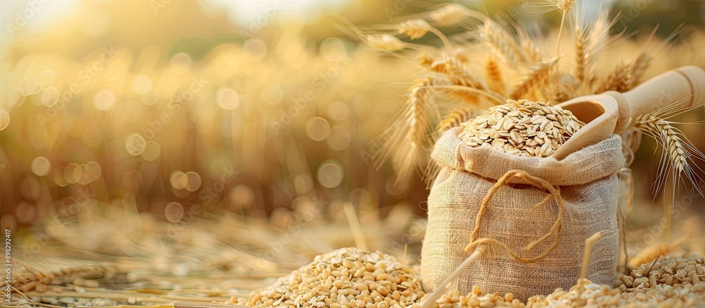 Poster Bag of raw oatmeal and a wooden scoop on a table with a ripe cereal field in the background providing a serene copy space image