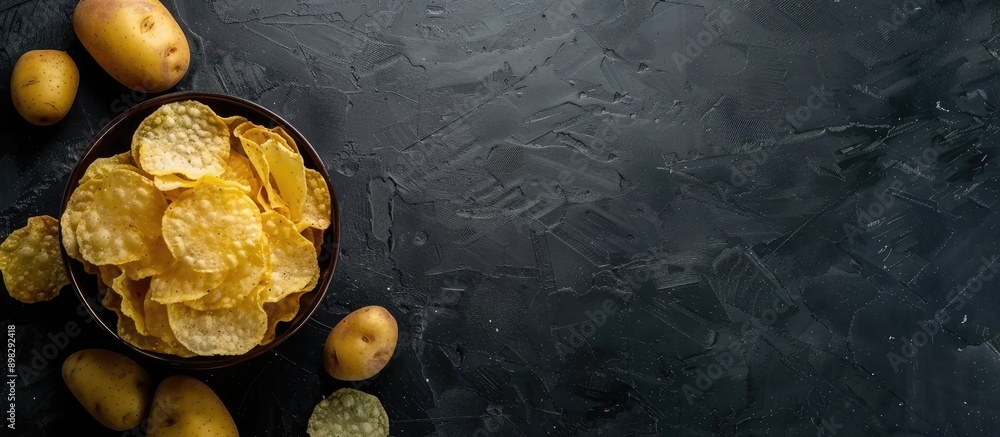 Aufkleber an aerial view of a bowl of potato chips and raw potatoes placed on a black textured surface with co