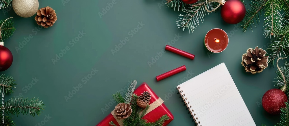 Leinwandbilder top view of a christmas themed flat lay with a gift box red candles notepad and ornaments on a green