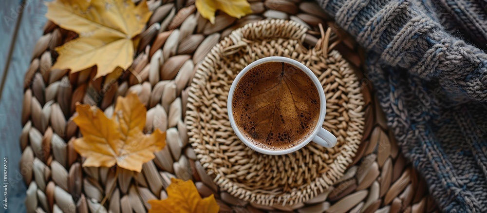 Poster top view of a cozy home setting for fall with a coffee cup maple leaves and a wicker table creating 