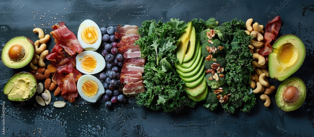 Aufkleber an appetizing assortment of ingredients like kale bibb lettuce nuts fruits vegetables bacon cheese a