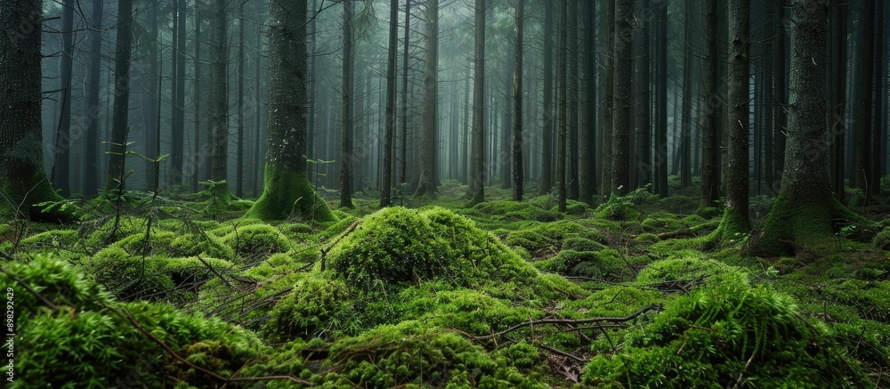 Poster close up view of a mossy forest ground with branches in a european forest ideal for copy space image