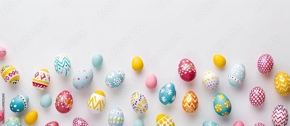 Aufkleber Colorful Easter eggs on white background create a stylish image suitable for various uses featuring a flat lay with top view for a mockup or template with copy space image