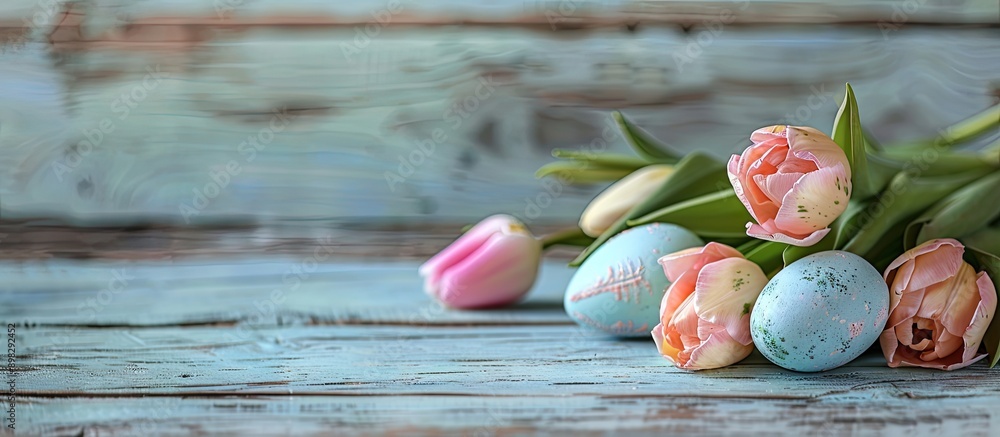 Aufkleber On an aged wooden table there is an arrangement of Easter eggs and fresh tulips creating a charming scene with copy space image