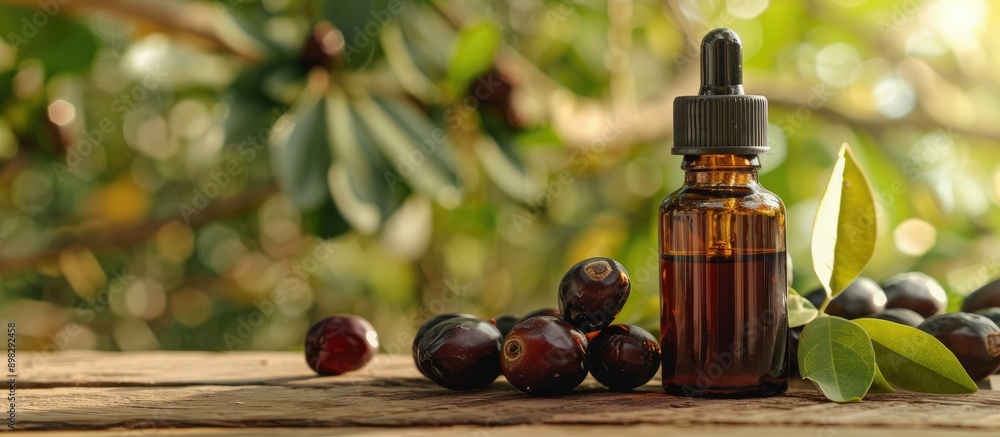 Poster chinese date oil and fruit displayed in a bottle with a dropper on a wooden table next to ripe jojob