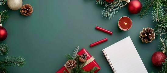 Top view of a Christmas themed flat lay with a gift box red candles notepad and ornaments on a green backdrop ideal for a copy space image