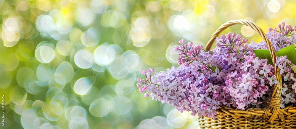 Poster Close up of a basket filled with fragrant lilac flowers set against a bright background with ample copy space image