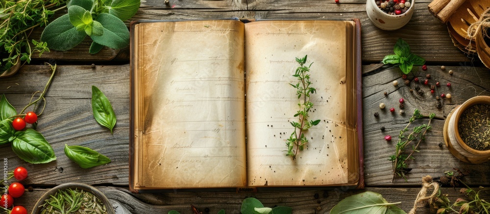 Poster Cookbook opened on a wooden surface surrounded by fresh herbs and spices displaying a copy space image