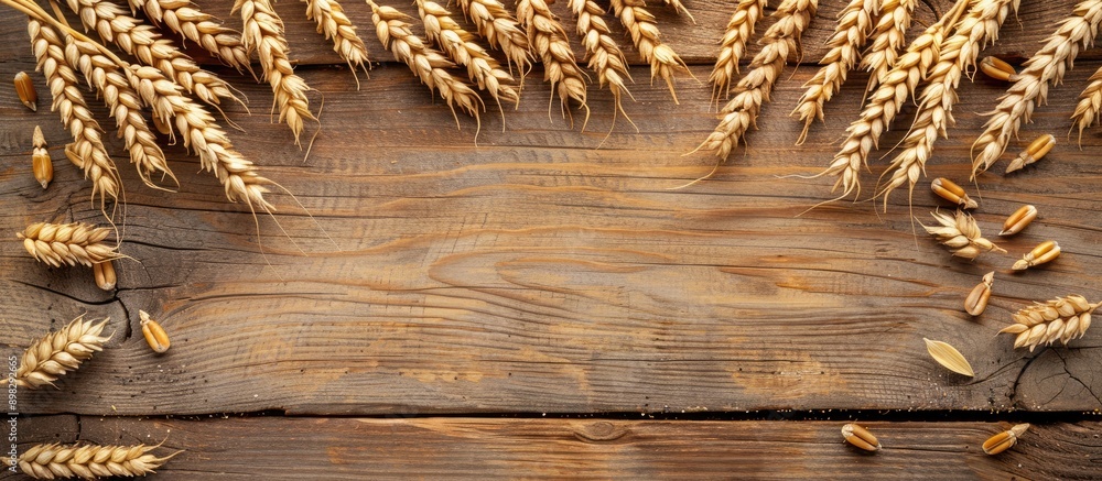 Poster barley and wheat ears placed on a wooden desk frame the copy space image leaving room for your text 