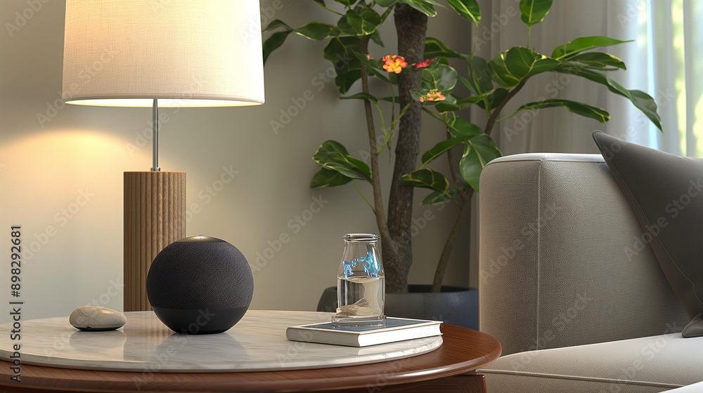 Poster a sleek smart speaker on a side table, providing voice-activated control for various home functions
