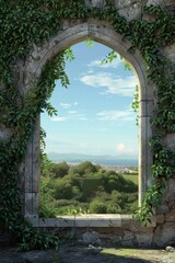 Fantasy Castle Window. A stone arch frame with ivy climbing up, detailed with medieval-style embellishments. The center is a clear, bright sky or a serene landscape view.