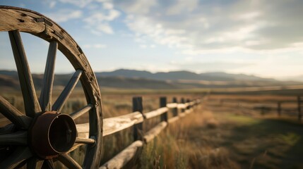 Fototapeta premium A weathered wooden wagon wheel leans against a rustic fence, overlooking a vast, golden field with distant mountains.
