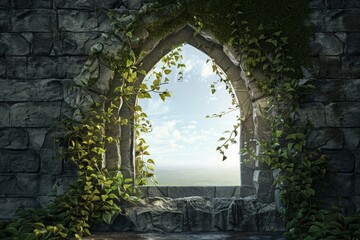 Fototapeta premium Fantasy Castle Window. A stone arch frame with ivy climbing up, detailed with medieval-style embellishments. The center is a clear, bright sky or a serene landscape view.