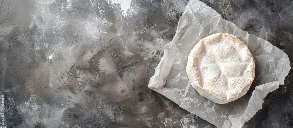 Poster Top view of Camembert cheese with white mold on parchment paper against a gray cement backdrop creating ample copy space image