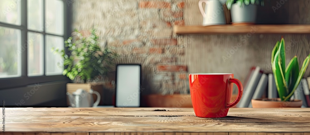 Sticker Coffee themed mockup featuring a red cup on a wooden desk with space for branding logo. Creative banner. Copyspace image