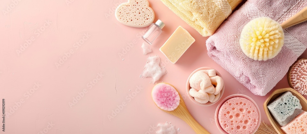 Poster Top view of bath essentials like towels sponges soaps and shampoo on a soft pink background with space for text or images. Creative banner. Copyspace image
