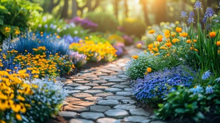 Obraz premium Blooming Garden With Flowers and Rocks