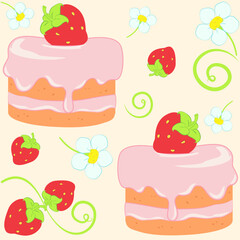 Vector seamless pattern - strawberry berries and flowers, strawberry cake for wallpaper, textiles, kitchen utensils, dishes, wrapping paper, postcards, banners, and pastry shops.