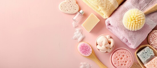 Top view of bath essentials like towels sponges soaps and shampoo on a soft pink background with space for text or images. Creative banner. Copyspace image