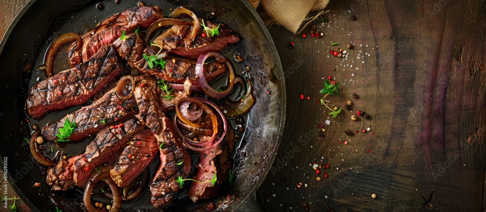 Aufkleber Beef steak with onions and spices sizzling in a pan on a rustic table with a copy space image promising a delectable lunch experience