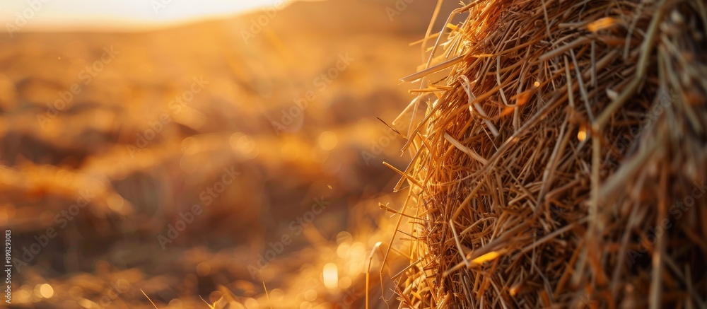 Poster Cylindrical shaped haystack in focus against a background with copy space image for text or lettering