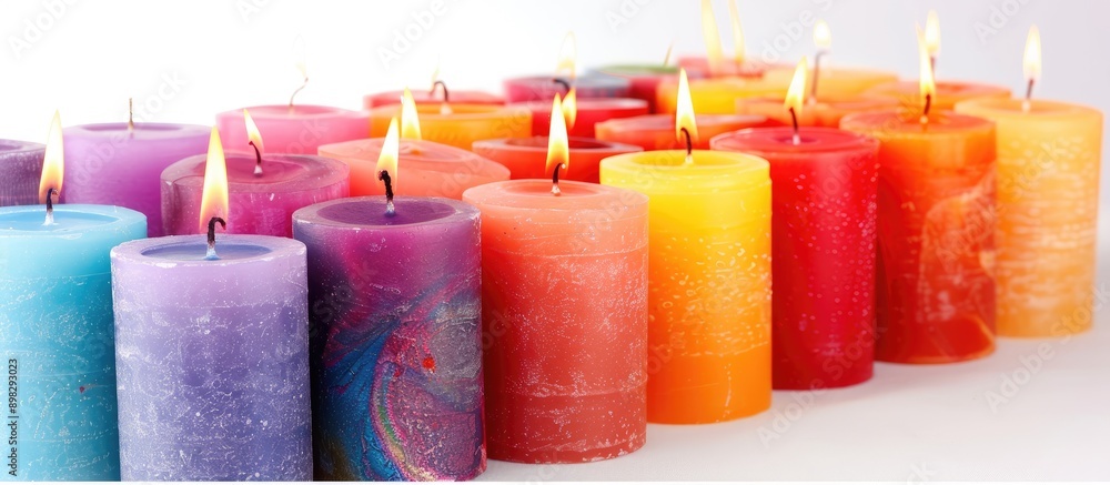 Poster colorful candles arranged on a white background providing an elegant setting with copy space image