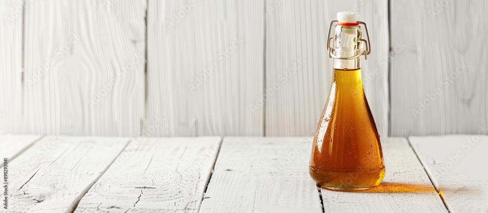 Poster close up of a bottle of apple cider vinegar on a white wooden table with copy space image included