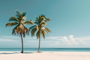 Obraz premium Tropical palms standing tall on sandy shore beneath clear blue sky. Innovative design. Blank area for text or logo. Tropical paradise vibes