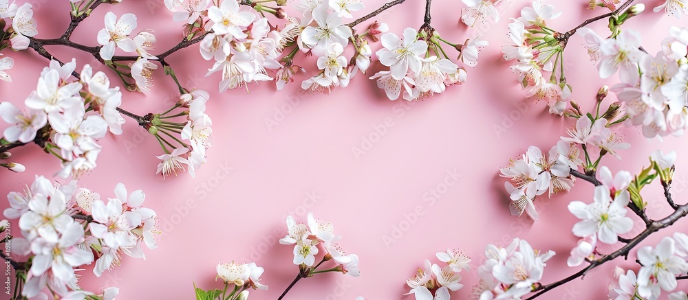 Poster cherry blossom branches on a pastel pink backdrop for a spring frame with copy space image