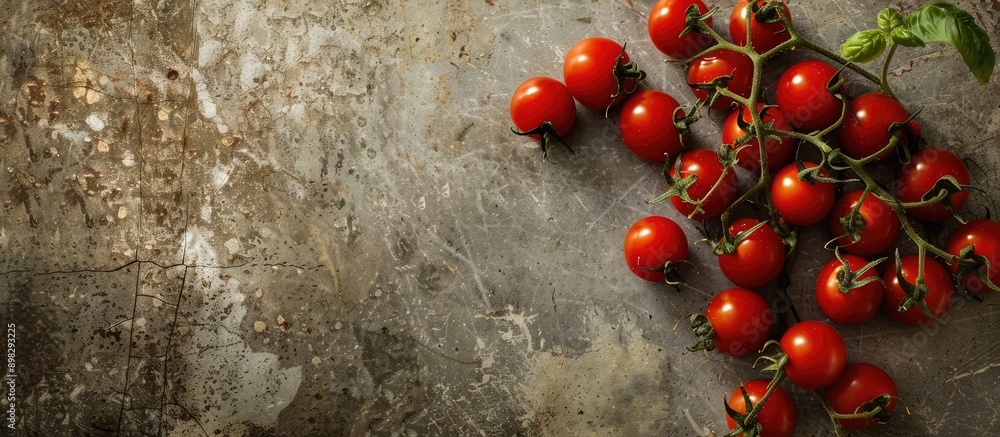 Poster cherry tomatoes arranged on a textured background of a kitchen table showcasing fresh organic produc