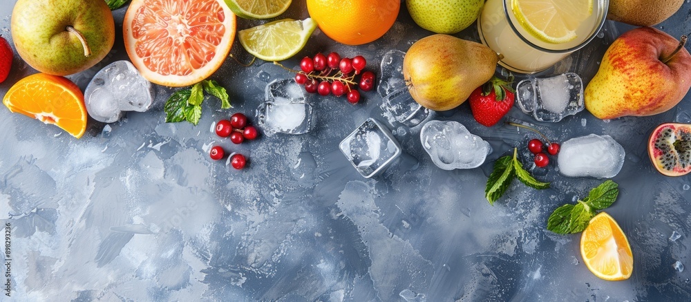 Poster Flat lay composition with refreshing pear juice ice cubes and assorted fruits arranged on a grey table creating a visually appealing copy space image