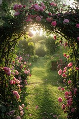Fototapeta premium Flower Garden Archway. A frame made of blooming flowers intertwined with leafy vines. The center opens to a bright, sunlit meadow, with a path leading through the flowers,