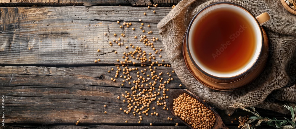 Sticker flat lay of buckwheat tea and granules on a wooden table with space for text beside the image. creat