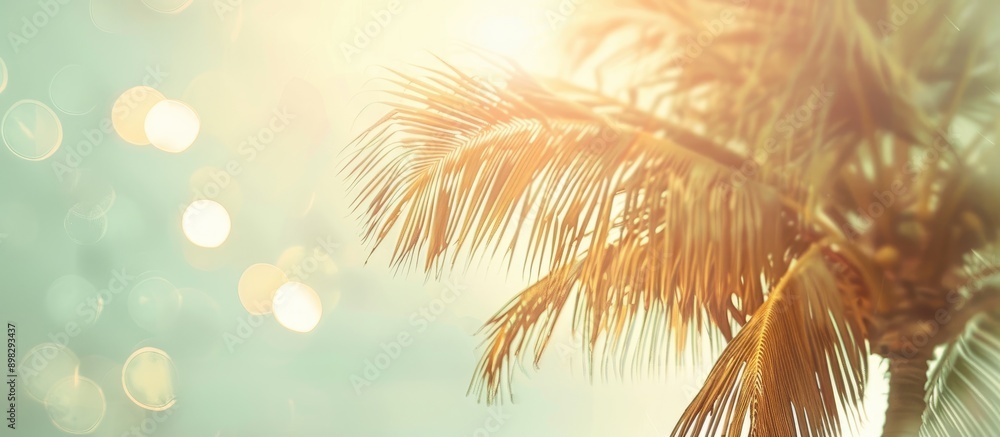 Poster Blurry palm tree with sunlight creating copy space image conveying a summer feel with vintage color tones
