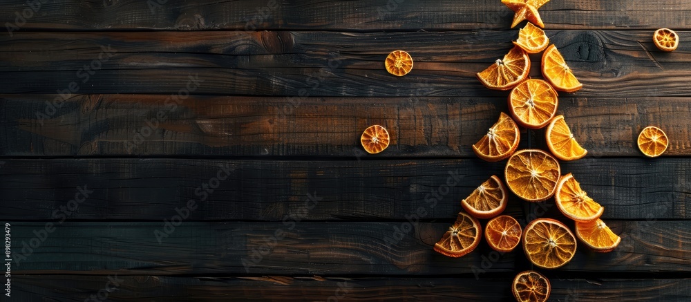 Poster dark wooden background showcases a christmas tree crafted from dried oranges offering copy space wit