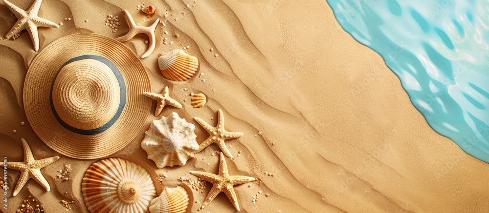 Fototapete top down view of beach items on sand with room for text in the copy space image