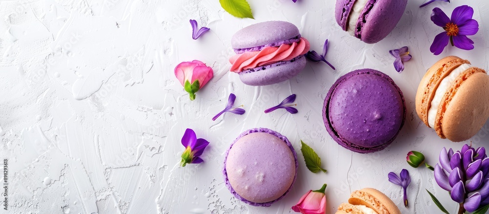 Poster top view of colorful almond cookies cake macaron or macaroon with violet spring flowers on a white b