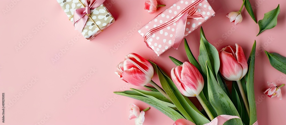 Leinwandbilder A bouquet of tulips and a gift box in flower patterned wrapping on a pink background with copy space image